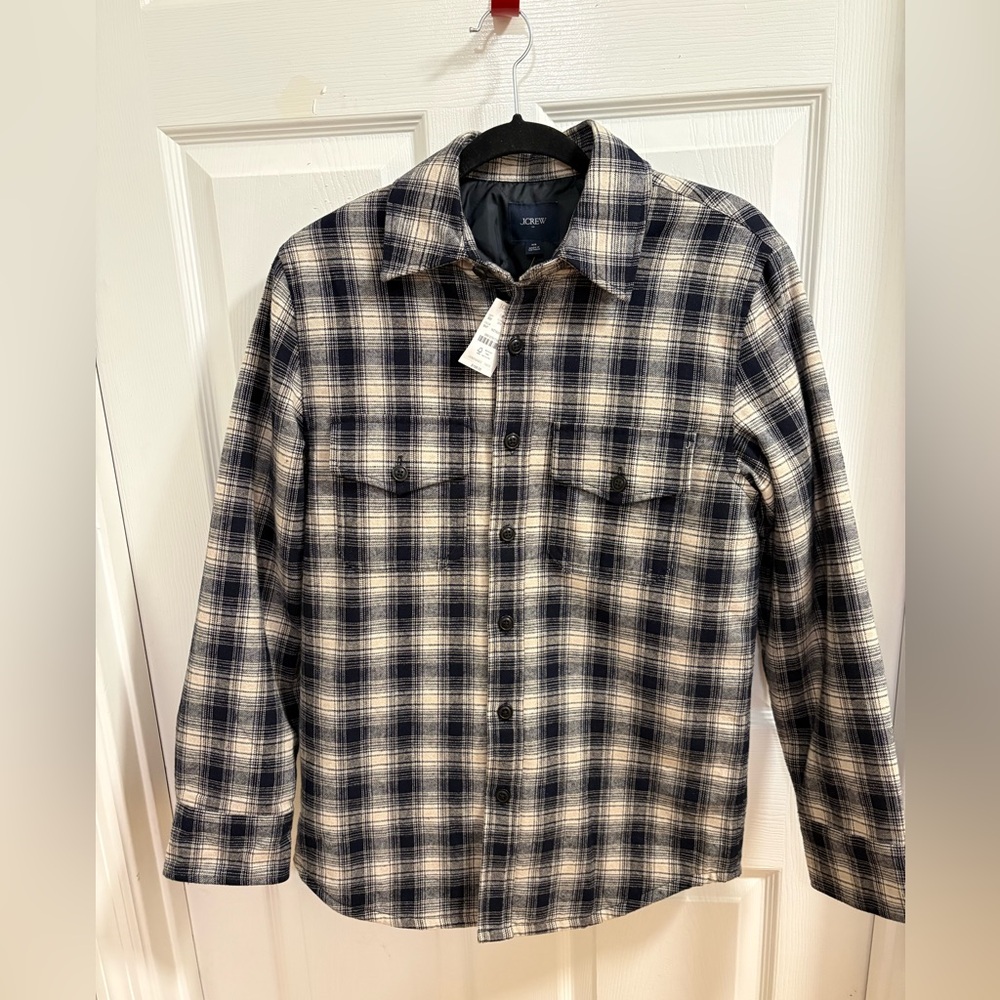 J. Crew Factory Men's Plaid Lightweight Shirt Jacket - Navy & Cream